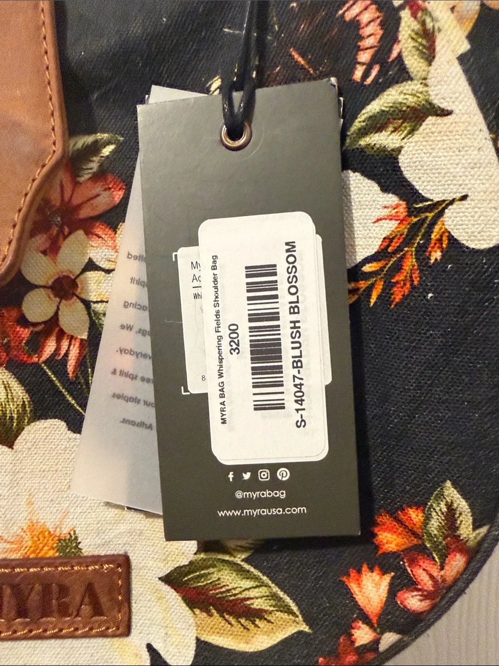 NWT Myra Bag Black Floral Crescent Shoulder Bag with Brown Accents
